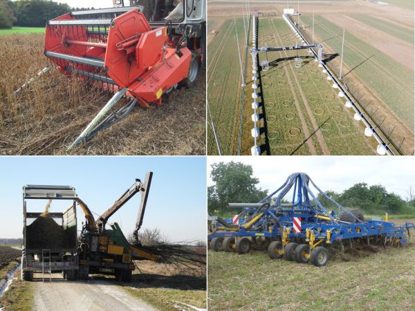 Collage aus Sojaernte, Krumensenke, Agroforst, Sägrubber