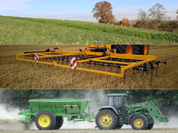 Collage Zwischenfruchmischung, Claydon, Kalkung mit John Deere
