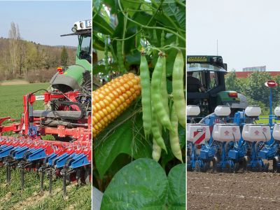 Collage für lop-Inhalte April mit Sämaschine, Mais und Stangenbohne sowie Striegel