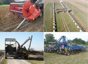 Collage aus Sojaernte, Krumensenke, Agroforst, Sägrubber