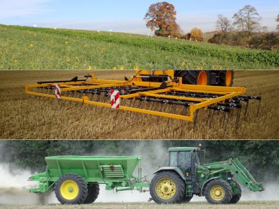 Collage Zwischenfruchmischung, Claydon, Kalkung mit John Deere